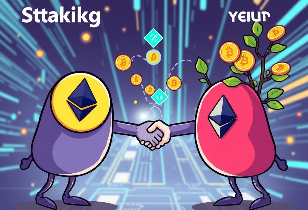 A vibrant cartoon depicting Two Prime and Figment collaborating to offer enhanced Bitcoin yield opportunities through digital asset staking.