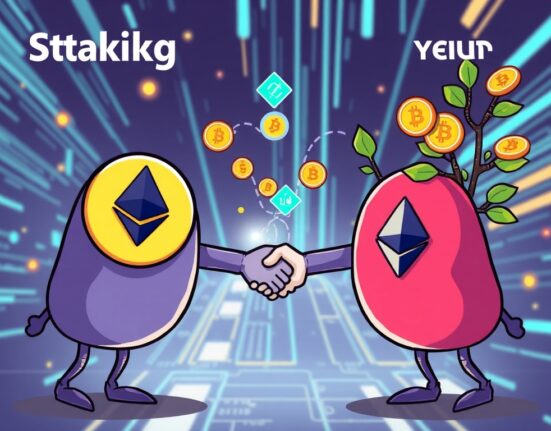 A vibrant cartoon depicting Two Prime and Figment collaborating to offer enhanced Bitcoin yield opportunities through digital asset staking.
