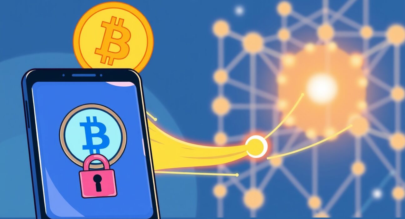 A mobile device securely verifying Bitcoin transactions using StarkWare's innovative Bitcoin ZK verifier technology.