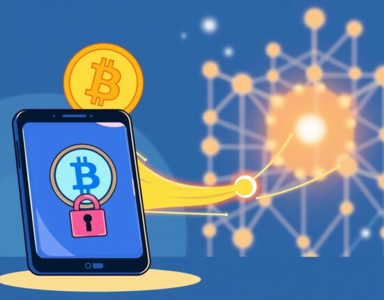 A mobile device securely verifying Bitcoin transactions using StarkWare's innovative Bitcoin ZK verifier technology.