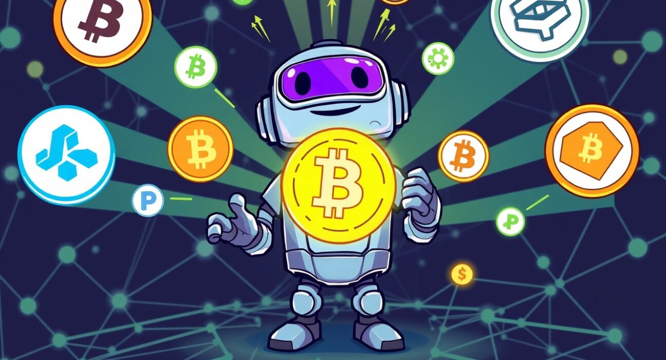 A cartoon illustration showing the BitcoinOS logo surrounded by various exchange logos, symbolizing the BOS token launch and widespread availability.