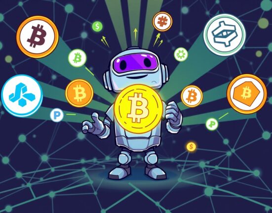 A cartoon illustration showing the BitcoinOS logo surrounded by various exchange logos, symbolizing the BOS token launch and widespread availability.
