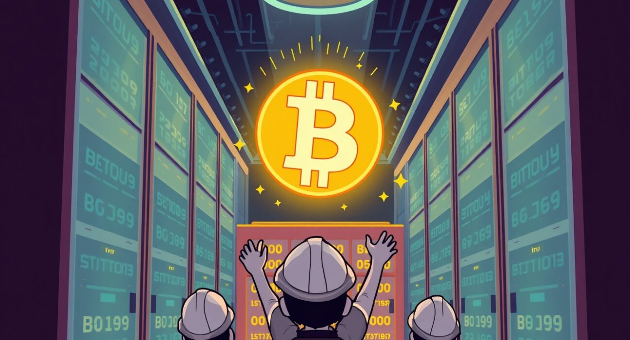 A vibrant cartoon illustrating successful Bitdeer Bitcoin mining operations, with servers and Bitcoin symbols.