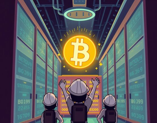 A vibrant cartoon illustrating successful Bitdeer Bitcoin mining operations, with servers and Bitcoin symbols.