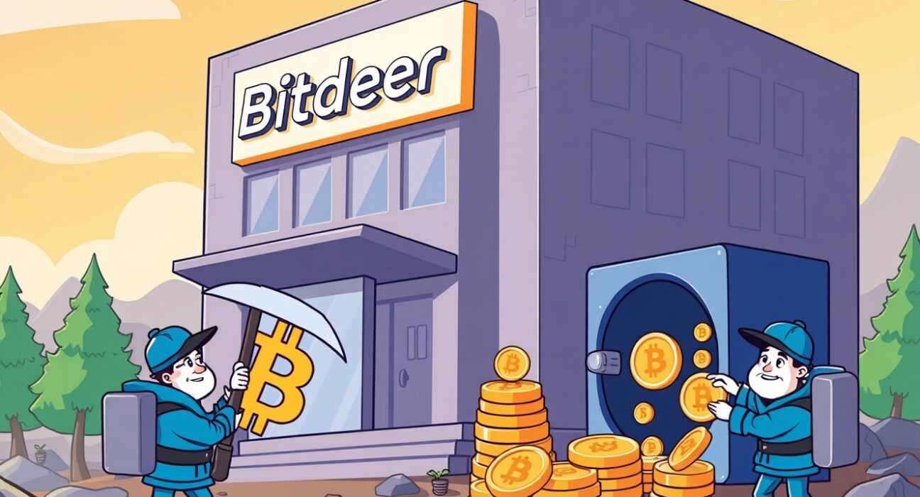 Illustration of Bitdeer's **Bitdeer Bitcoin mining** operations, showing miners managing digital assets and strategic sales.