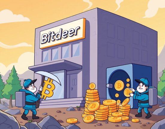 Illustration of Bitdeer's **Bitdeer Bitcoin mining** operations, showing miners managing digital assets and strategic sales.