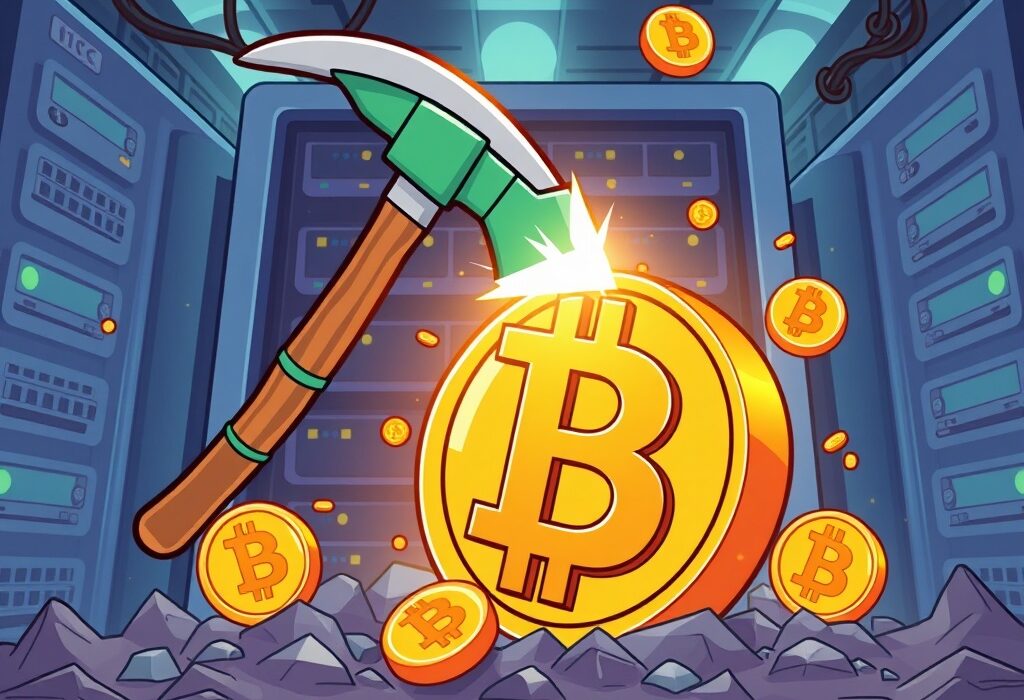 A cartoon illustration showing efficient Bitdeer Bitcoin mining operations leading to significant BTC accumulation.