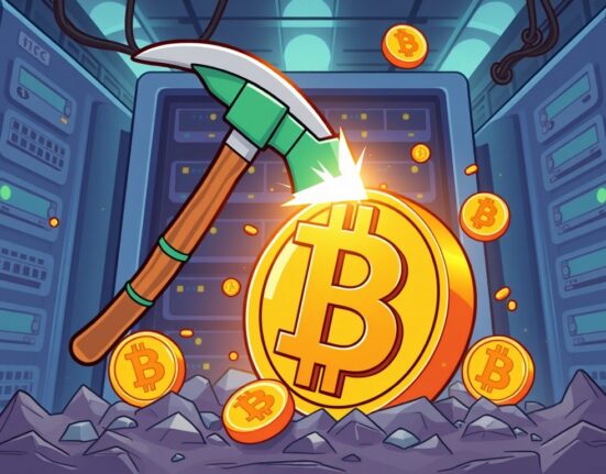 A cartoon illustration showing efficient Bitdeer Bitcoin mining operations leading to significant BTC accumulation.