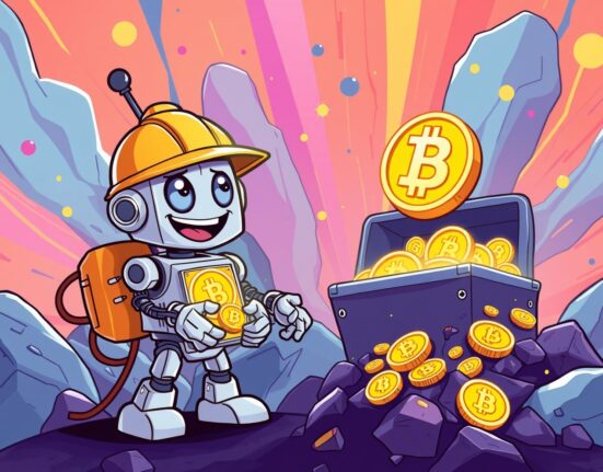 A cartoon robot successfully mining Bitcoin in a vibrant digital landscape.