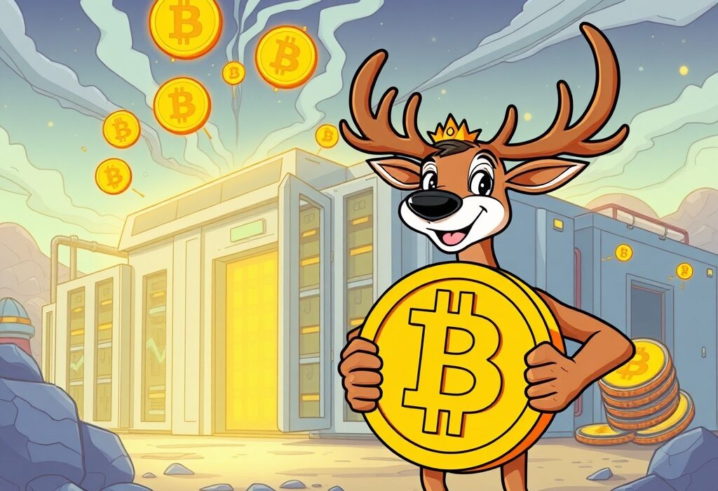 Cartoon illustration showing the significant increase in Bitdeer Bitcoin output, highlighting their successful mining operations.