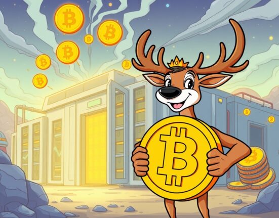 Cartoon illustration showing the significant increase in Bitdeer Bitcoin output, highlighting their successful mining operations.
