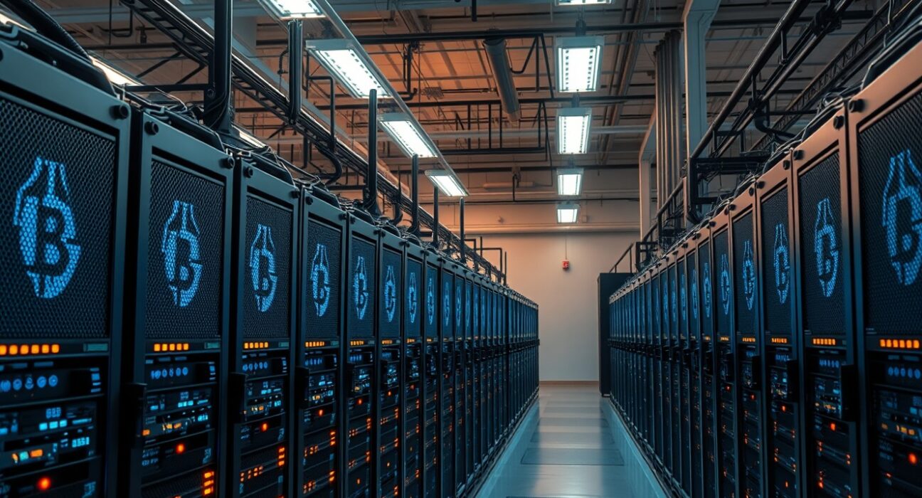 Interior of a large-scale Bitcoin mining facility with rows of mining rigs