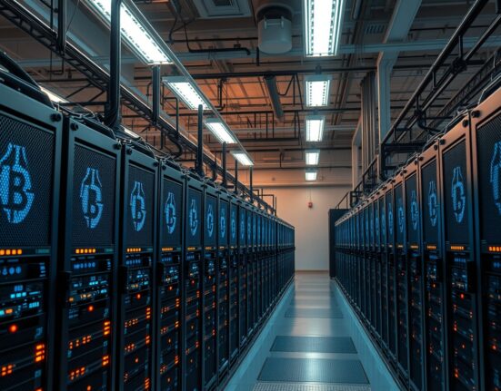 Interior of a large-scale Bitcoin mining facility with rows of mining rigs