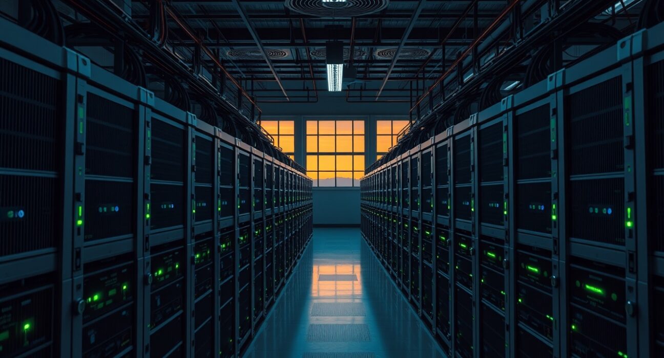 Interior view of a large Bitcoin mining facility with rows of ASIC machines and blue LED lights