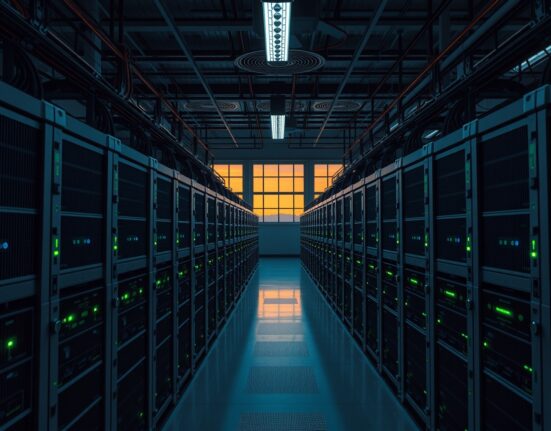 Interior view of a large Bitcoin mining facility with rows of ASIC machines and blue LED lights