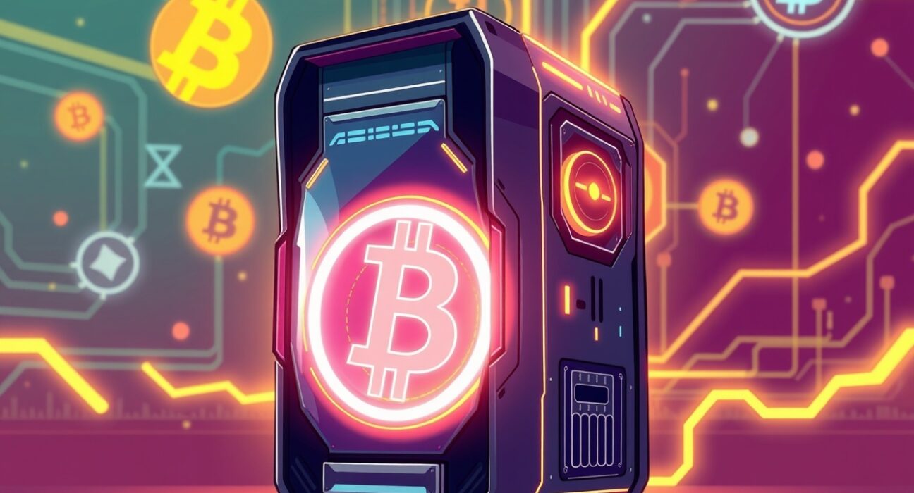 A cartoon illustration of Bitdeer's new next-generation Bitcoin miner, symbolizing enhanced efficiency and advanced cryptocurrency mining technology.