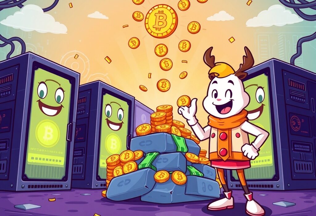 A cartoon illustration depicting the impressive growth of Bitdeer Q2 revenue, showcasing mining success and financial expansion.