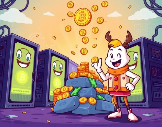 A cartoon illustration depicting the impressive growth of Bitdeer Q2 revenue, showcasing mining success and financial expansion.