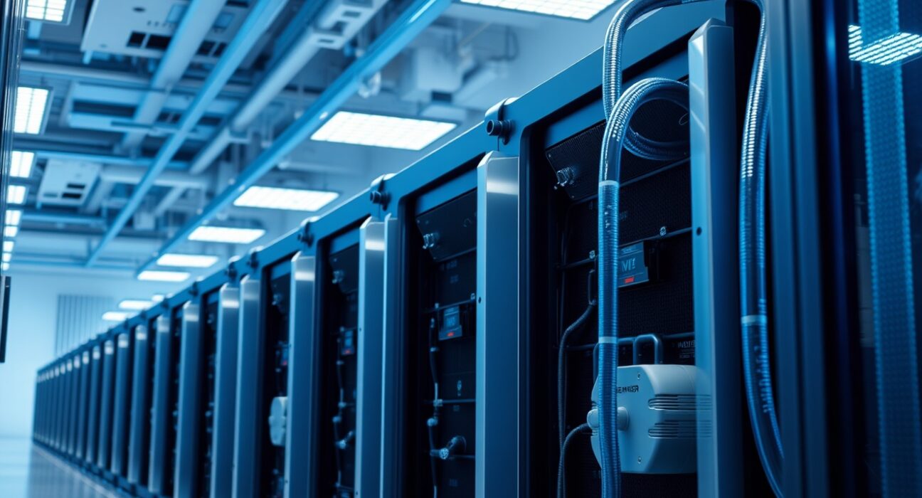 Bitdeer SEALMINER DL1 Hydro liquid-cooled Scrypt miners in a data center rack