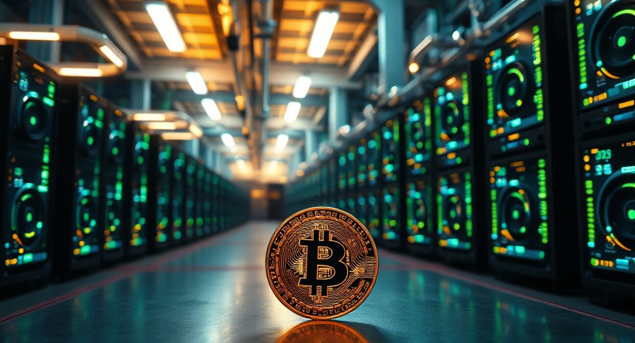 Interior view of a large Bitcoin mining facility with rows of glowing mining rigs and a Bitcoin coin in the foreground.