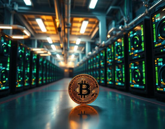 Interior view of a large Bitcoin mining facility with rows of glowing mining rigs and a Bitcoin coin in the foreground.