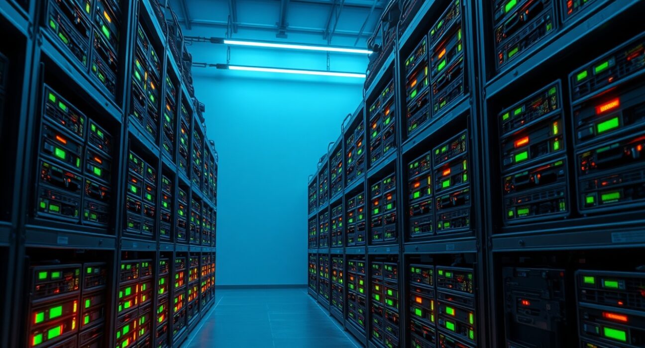 Interior of a Bitcoin mining facility with rows of ASIC mining rigs glowing with green and orange lights.