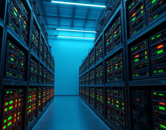 Interior of a Bitcoin mining facility with rows of ASIC mining rigs glowing with green and orange lights.