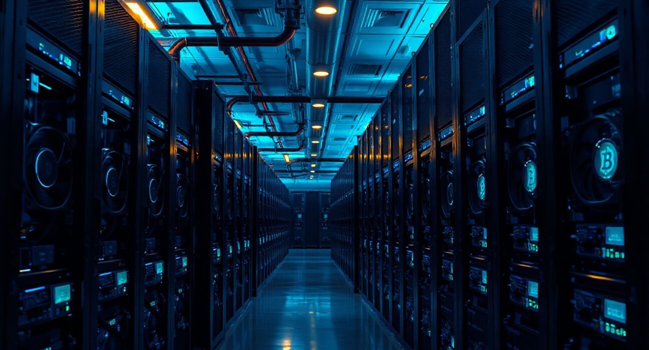 Interior of a Bitcoin mining data center with rows of mining rigs emitting blue and green lights.