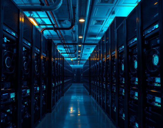 Interior of a Bitcoin mining data center with rows of mining rigs emitting blue and green lights.