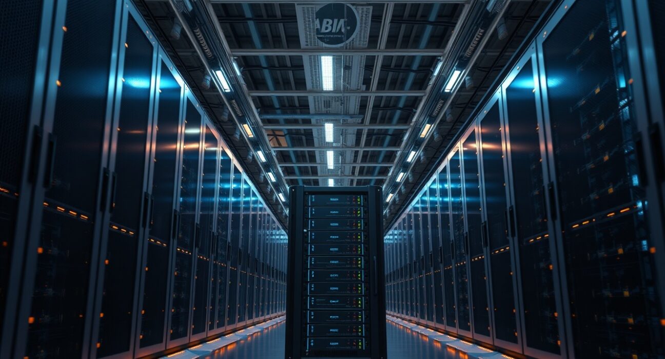 Interior of a Bitcoin mining data center with rows of mining rigs.