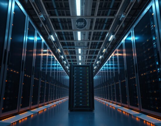 Interior of a Bitcoin mining data center with rows of mining rigs.