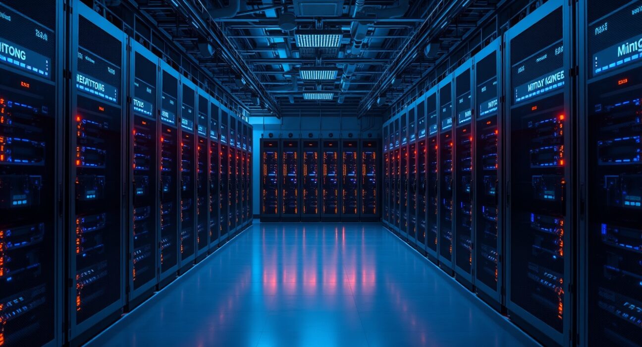 Interior of a Bitcoin mining facility with rows of mining rigs glowing blue and orange