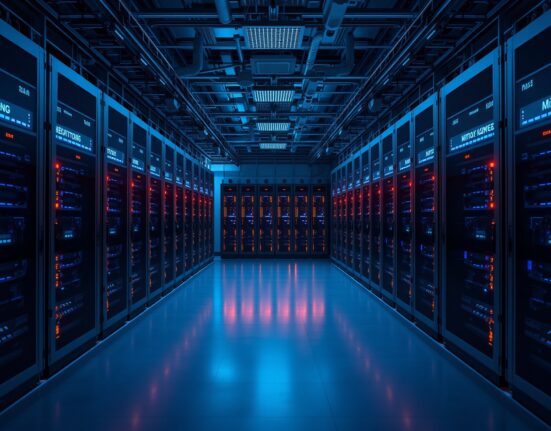 Interior of a Bitcoin mining facility with rows of mining rigs glowing blue and orange
