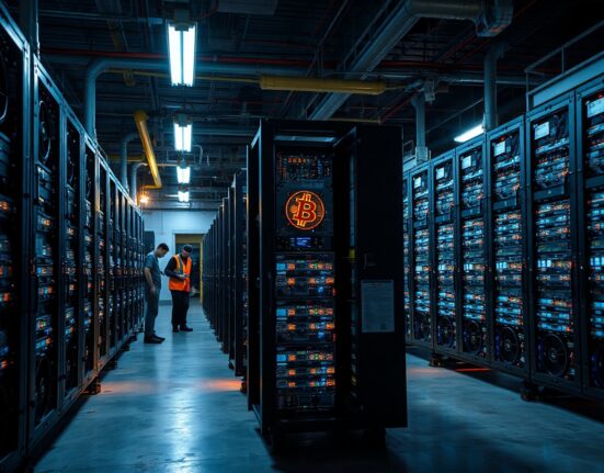 Bitcoin mining facility with rows of mining rigs in operation