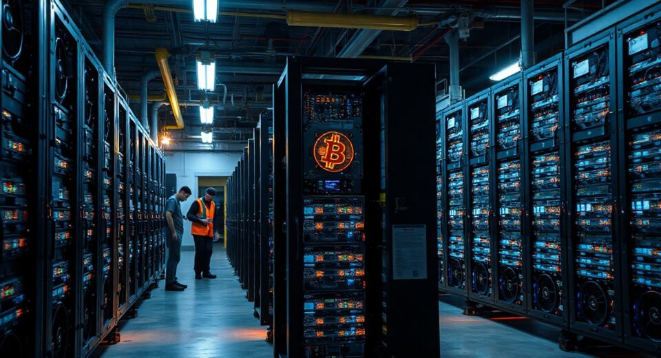 Bitcoin mining facility with rows of mining rigs in operation