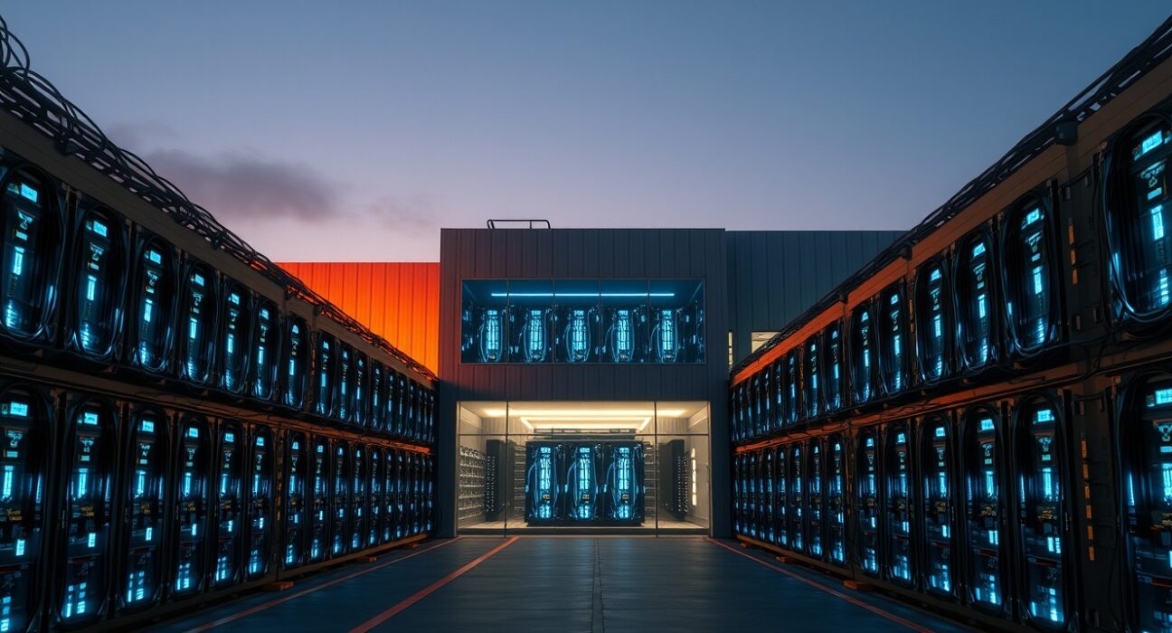 Exterior of a modern Bitcoin mining facility at dusk with rows of mining rigs visible through windows.