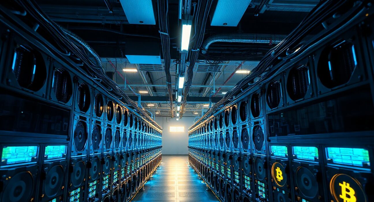 Interior of a large Bitcoin mining facility with rows of glowing mining rigs
