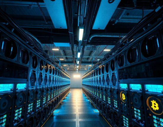 Interior of a large Bitcoin mining facility with rows of glowing mining rigs