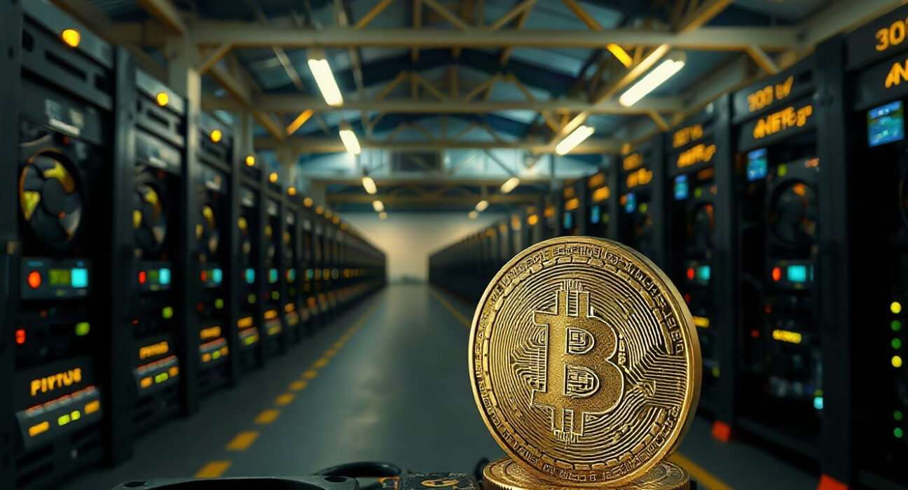 Bitcoin mining facility with rows of mining rigs and a Bitcoin coin in foreground