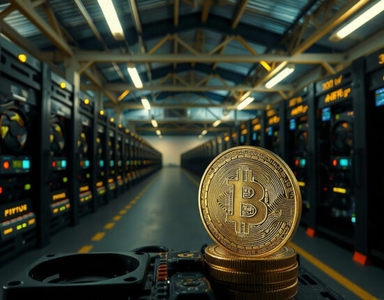 Bitcoin mining facility with rows of mining rigs and a Bitcoin coin in foreground
