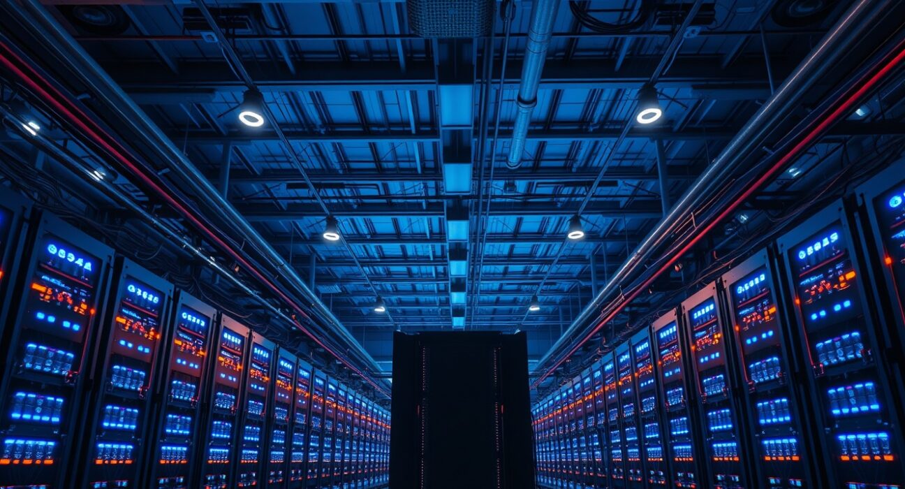 Interior of a large Bitcoin mining facility with rows of glowing mining rigs