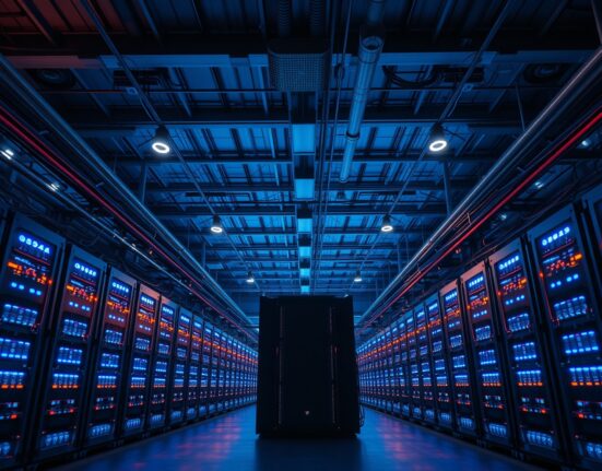 Interior of a large Bitcoin mining facility with rows of glowing mining rigs