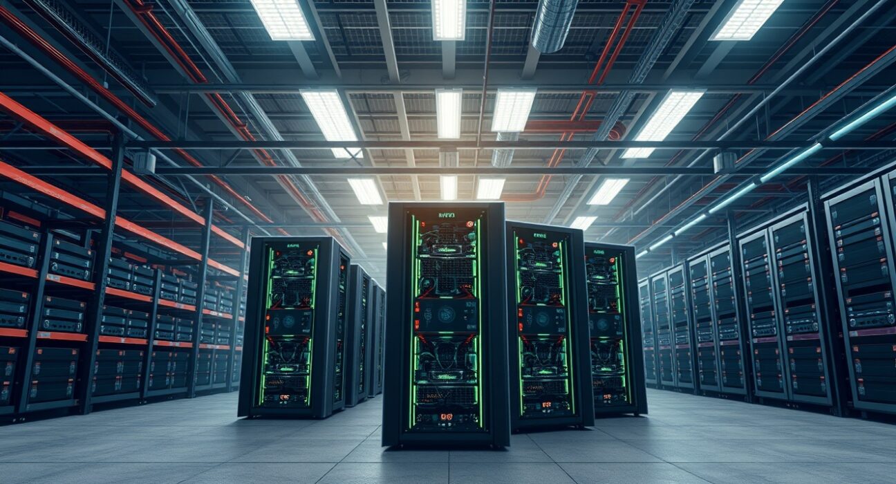 Bitdeer Bitcoin mining facility with active ASIC mining rigs in industrial data center