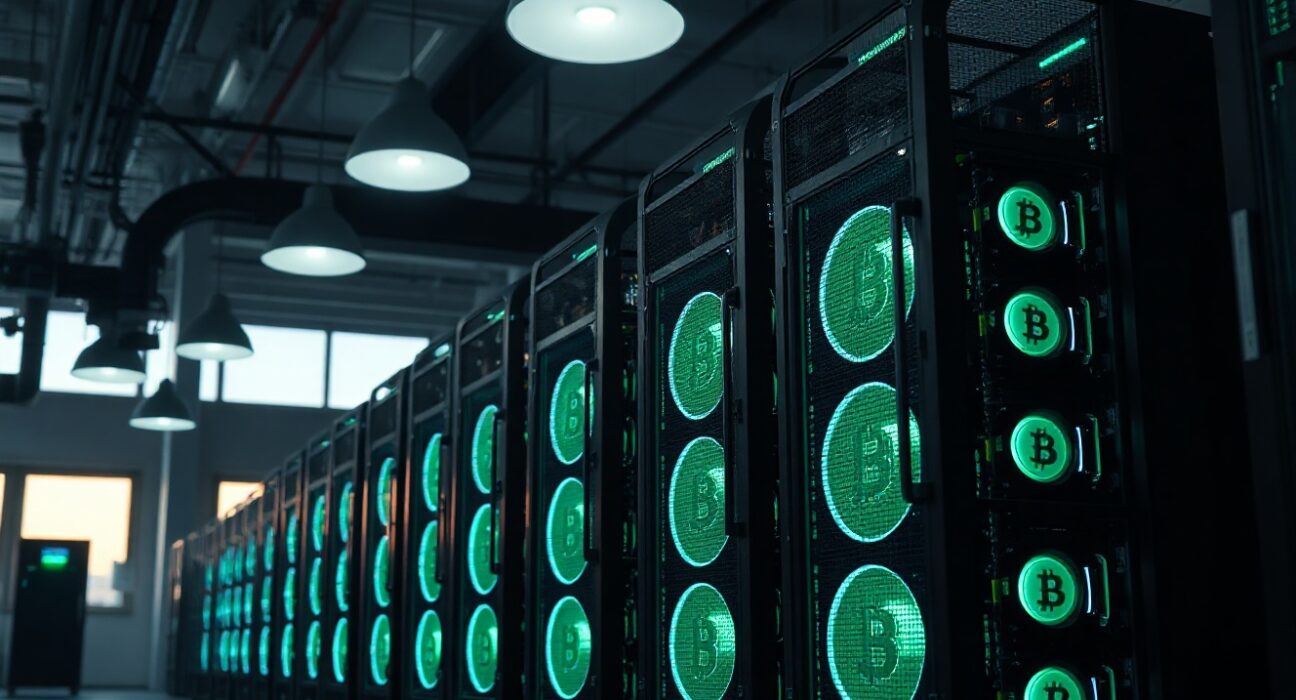 Bitcoin mining rigs in a large industrial facility, representing Bitdeer's mining operations.