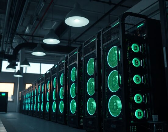 Bitcoin mining rigs in a large industrial facility, representing Bitdeer's mining operations.