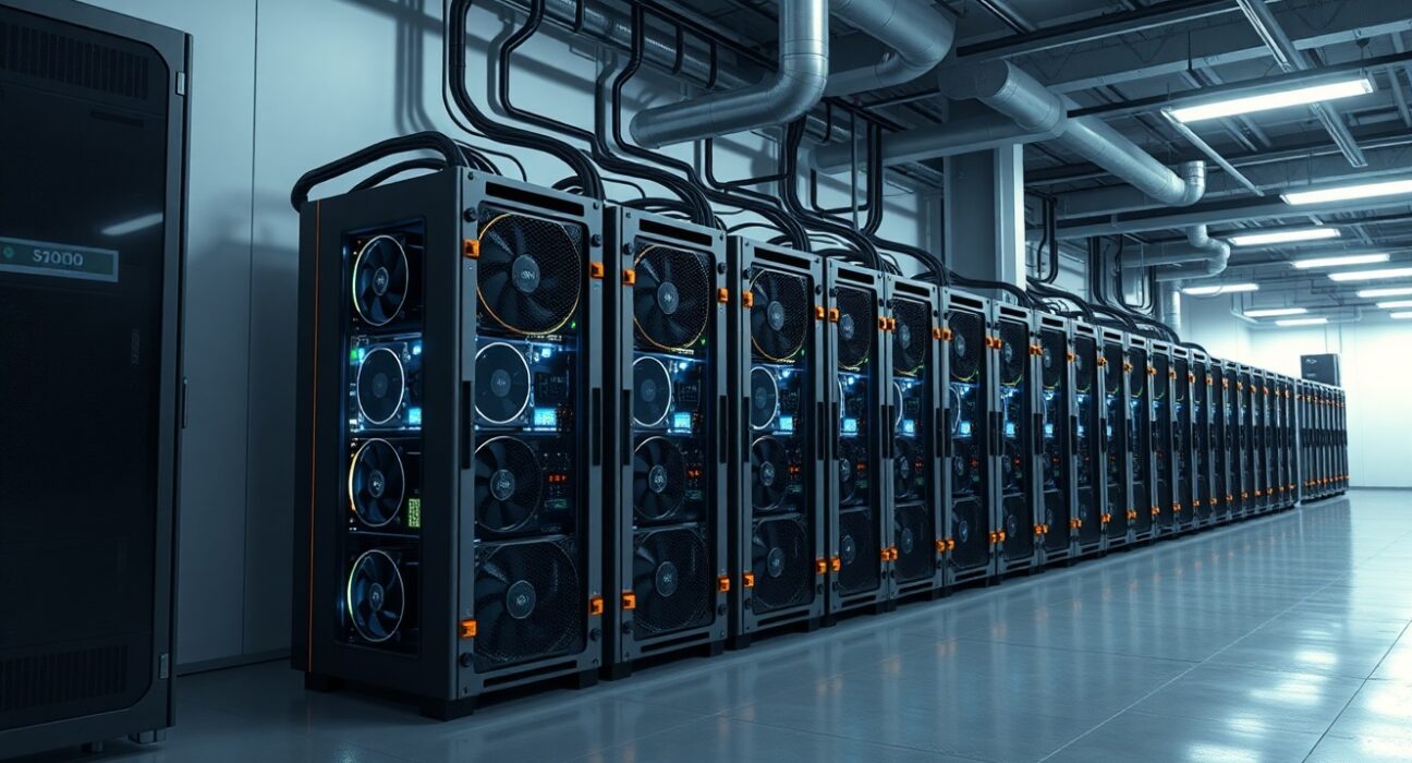 Bitdeer Bitcoin mining facility with industrial ASIC mining rigs in operation
