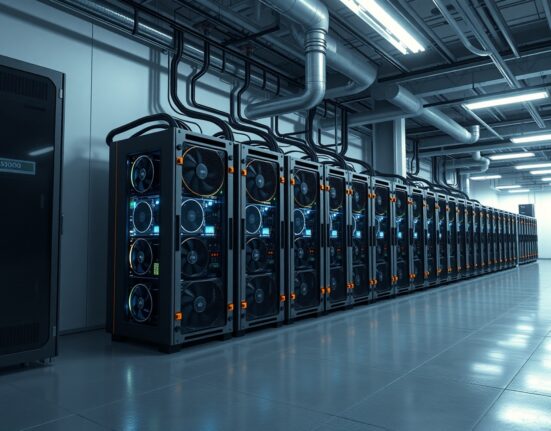 Bitdeer Bitcoin mining facility with industrial ASIC mining rigs in operation