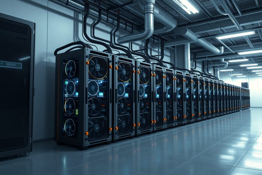 Bitdeer Bitcoin mining facility with industrial ASIC mining rigs in operation