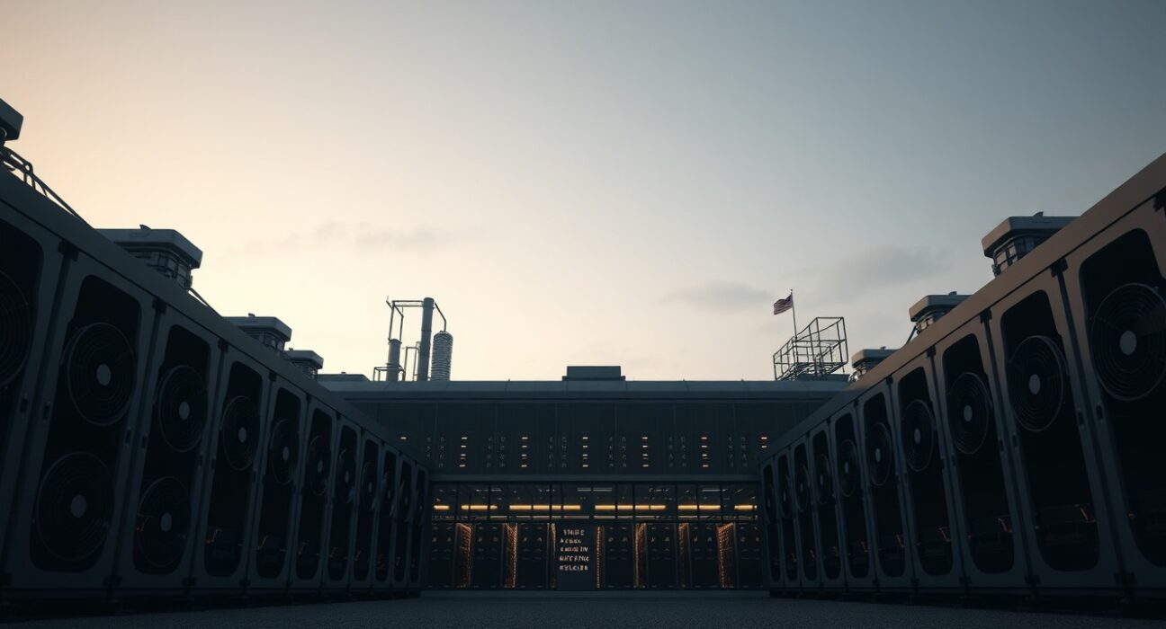 Exterior of a large Bitcoin mining facility with cooling towers and ventilation fans at dusk.