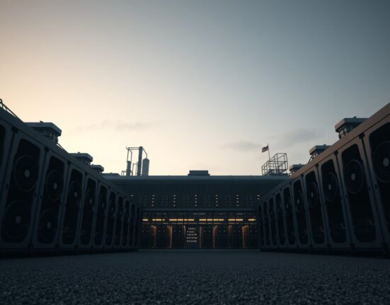 Exterior of a large Bitcoin mining facility with cooling towers and ventilation fans at dusk.